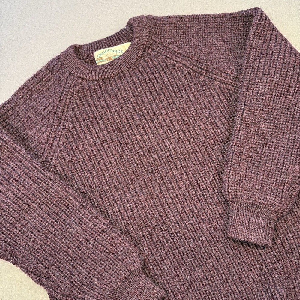 Aran Crafts Men's Fisherman Irish Rib Crew Neck Wool Sweater Sz L Burgundy Wine